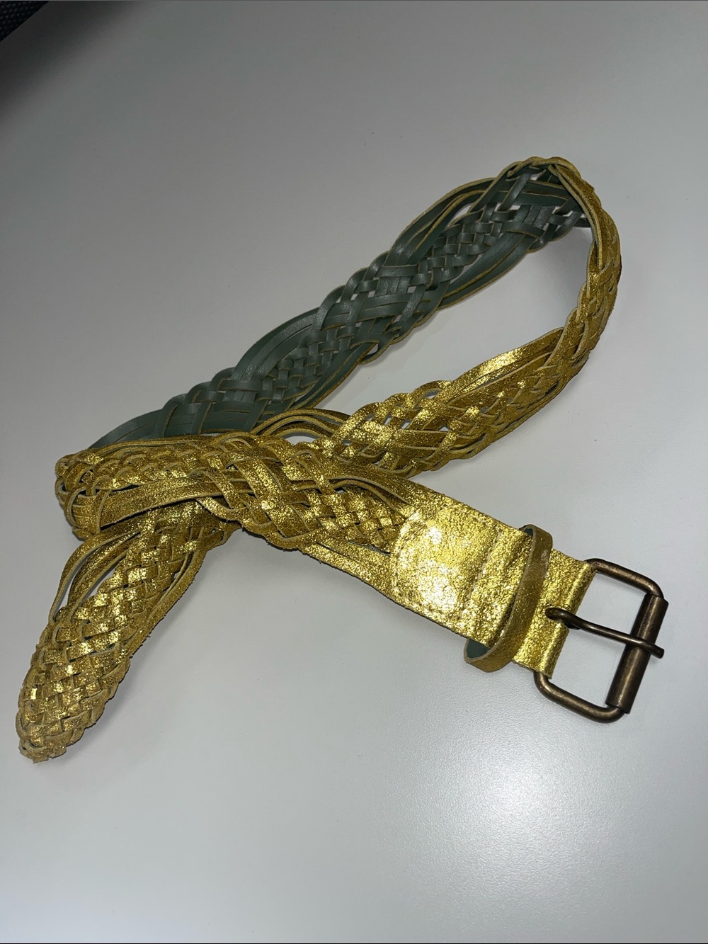 Afghan Braided Metallic Gold Foiled Leather Belt for Women Medium